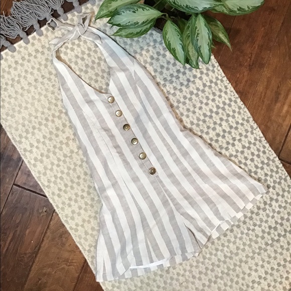 Urban Outfitters Pants - Perfect Taupe/White Striped Linen Halter Romper